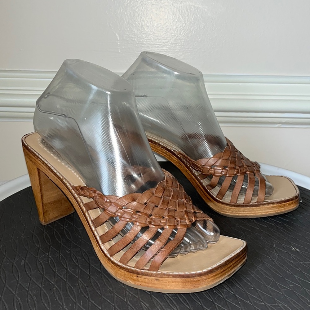 Y2K Sunflower American Vintage Womens Brown Leather Wooden Heel Sandals 8